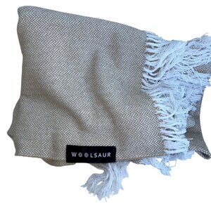 woolsaur cream khaki herringbone fringe trim wool throw blanket classic sz 50x60
